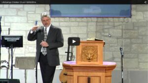 Pastor delivering sermon at church service podium