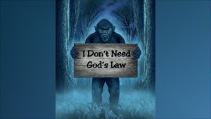Cryptid holding sign in eerie forest scene