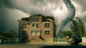 Tornado approaching house causing damage and chaos