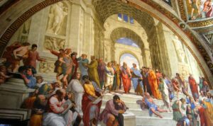 Renaissance painting depicting philosophers in a grand hall