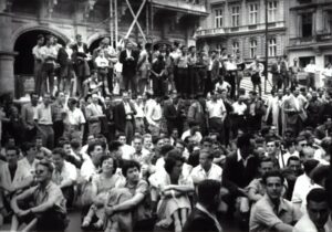 Crowd gathered in city square during protest