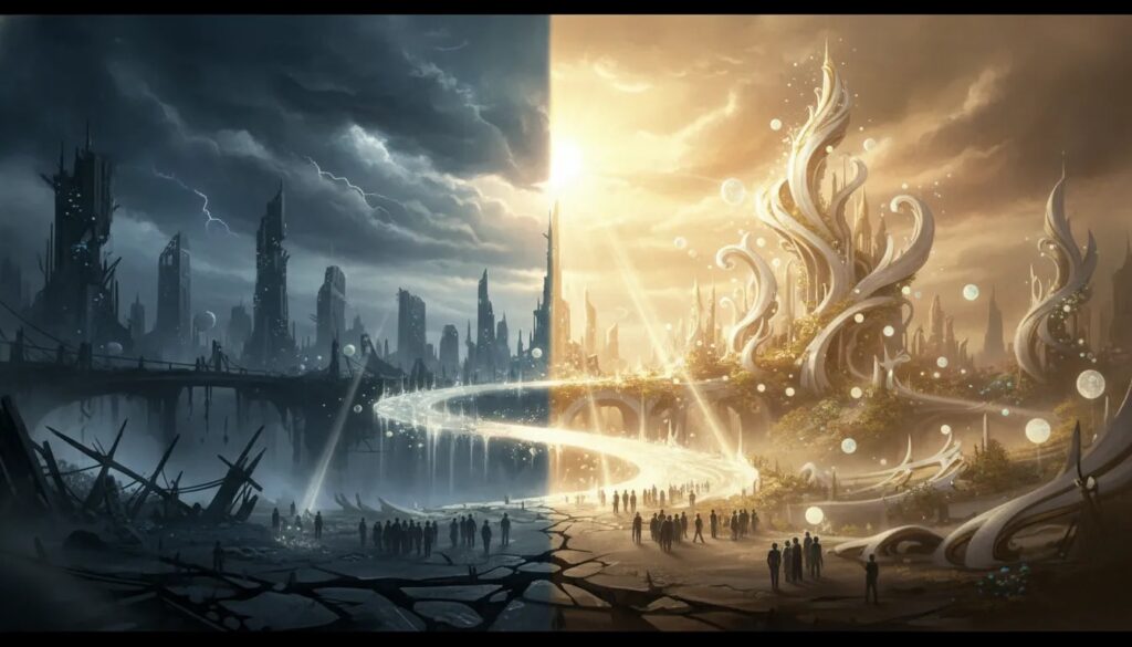 A hopeful symbolic scene showing a broken world transforming into a radiant, heaven-like renewal as light bridges from ruin to restoration.