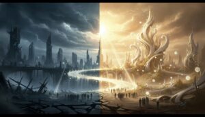 A hopeful symbolic scene showing a broken world transforming into a radiant, heaven-like renewal as light bridges from ruin to restoration.