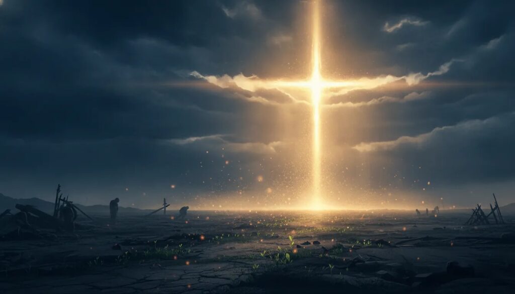 A dark stormy landscape gradually illuminated by a radiant beam of warm light symbolizing hope overcoming darkness, with renewed light rays spilling over the horizon.