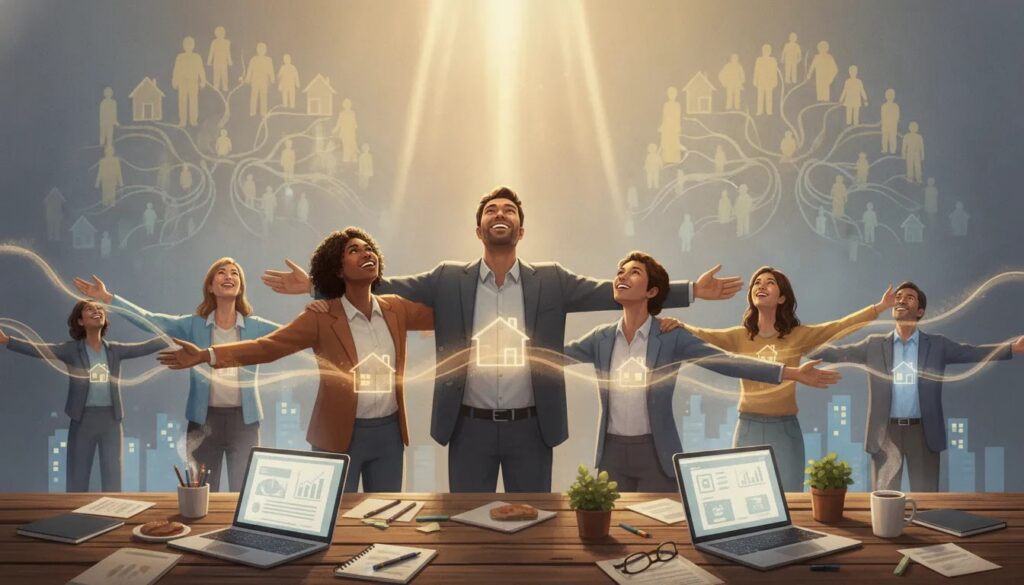 Illustration of believers encouraging one another and carrying spiritual peace from their daily work into their homes and community under a radiant light, with no text.