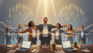 Illustration of believers encouraging one another and carrying spiritual peace from their daily work into their homes and community under a radiant light, with no text.