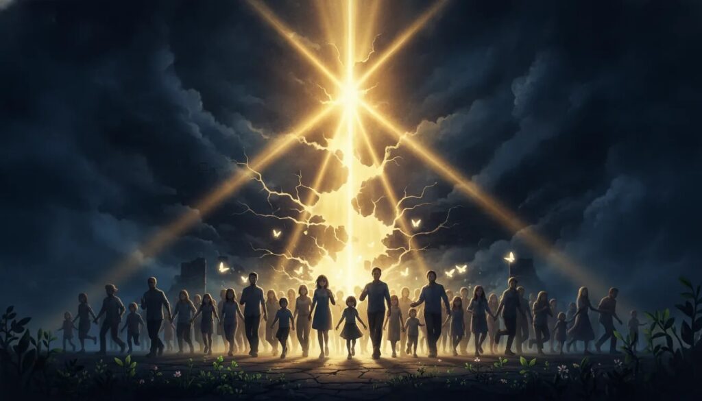 Radiant golden light breaking through darkness with diverse people walking forward together, symbolizing healing, freedom, and becoming like Jesus.
