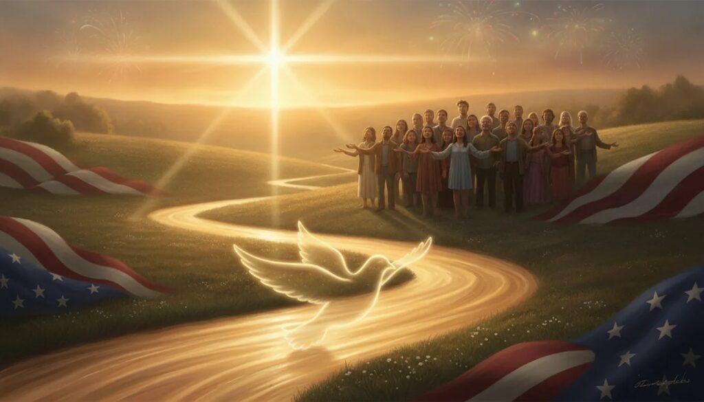 A reverent sunrise scene symbolizing true freedom centered on Christ, with a light cross in the sky and subdued fireworks in the distance, showing hope and liberty.