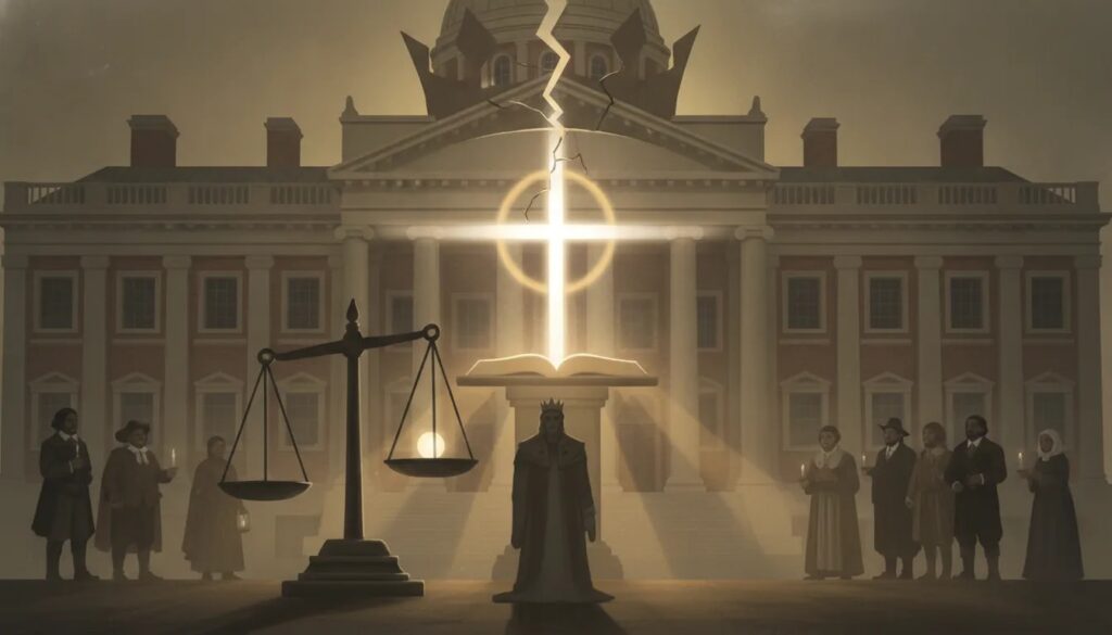 Cinematic symbolic illustration showing tyrannical kingship being broken and replaced by moral light and justice, with early American civic and religious imagery in a wordless scene.
