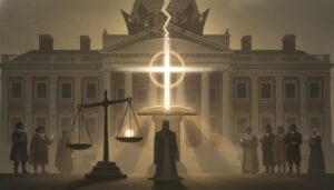 Cinematic symbolic illustration showing tyrannical kingship being broken and replaced by moral light and justice, with early American civic and religious imagery in a wordless scene.