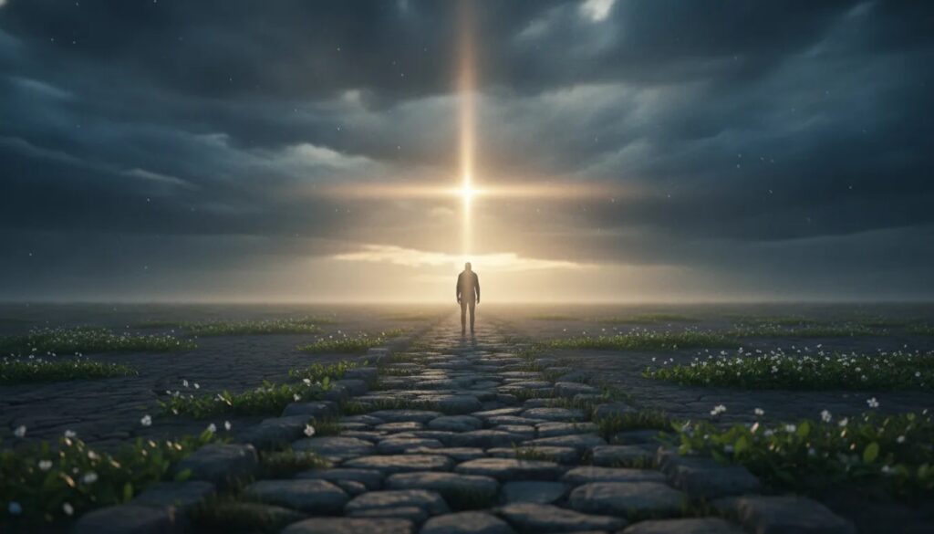 A hopeful scene showing darkness transforming into warm light, symbolizing faith that overcomes the world through Christ’s inbreaking presence.