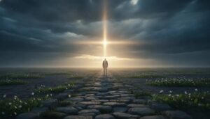 A hopeful scene showing darkness transforming into warm light, symbolizing faith that overcomes the world through Christ’s inbreaking presence.