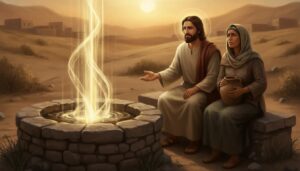 Jesus speaking with the Samaritan woman at a stone well with radiant light symbolizing living water and worship in spirit and truth