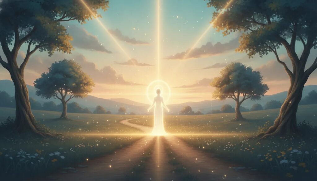A glowing path illuminated by warm golden light symbolizing Jesus as the light of the world, with a tranquil sky and hopeful atmosphere