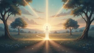 A glowing path illuminated by warm golden light symbolizing Jesus as the light of the world, with a tranquil sky and hopeful atmosphere