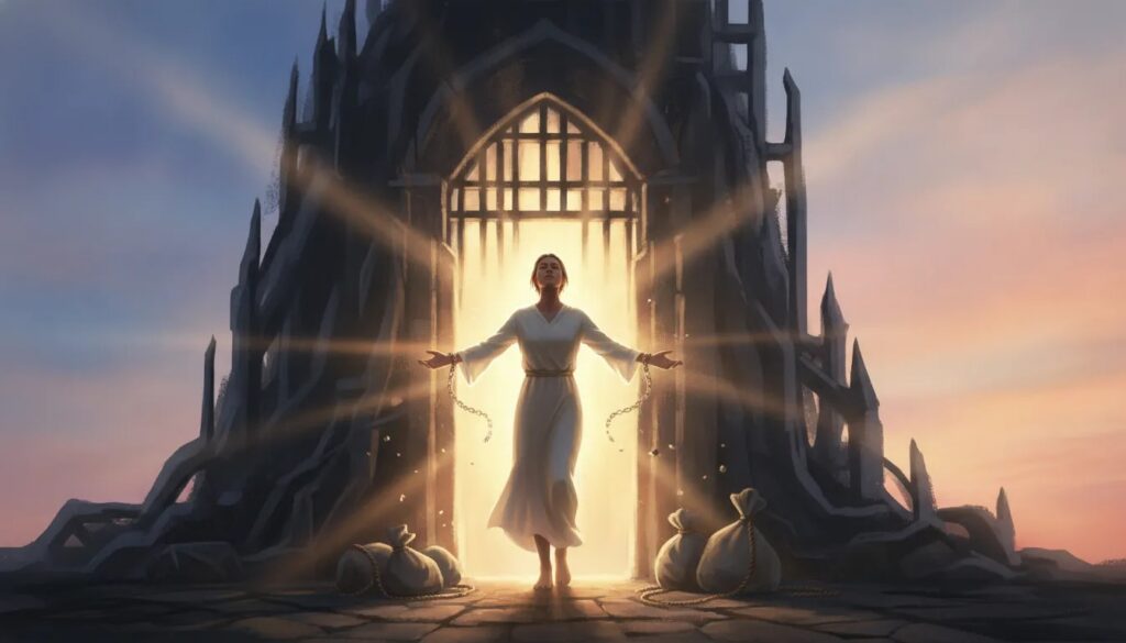 A symbolic scene of a person stepping out of darkness into warm golden light, with broken chains and lifted burdens representing the gospel as good news and real freedom.