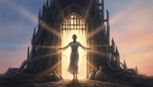 A symbolic scene of a person stepping out of darkness into warm golden light, with broken chains and lifted burdens representing the gospel as good news and real freedom.