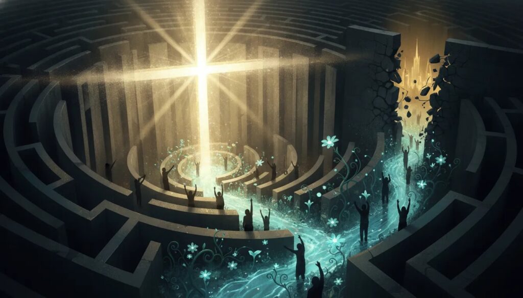 Symbolic illustration of Jesus’ gospel as living good news—light breaking through darkness and opening a path toward renewal and freedom.